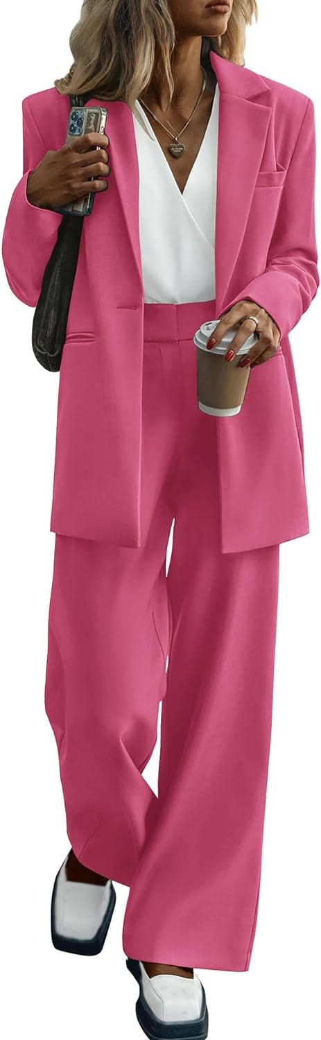 Women's 2024 Fall 2 Piece Blazer Set Casual Loose Long Blazer Jackets and Dressy Wide Leg Pant Suits with Pockets