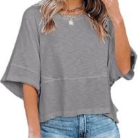 Womens Fashion T-Shirt CrewNeck 3/4 Sleeves Solid Color Loose Basic Pullover Tops Summer Casual Tees Blouses