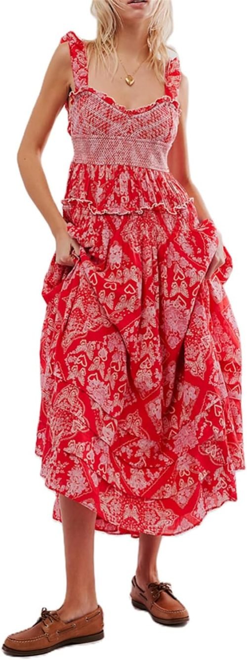 Women’s Floral Smocked Maxi Dress Boho Puff Sleeve Sweetheart A-Line Flowy Long Dresses Y2K Swing Beach Sundress