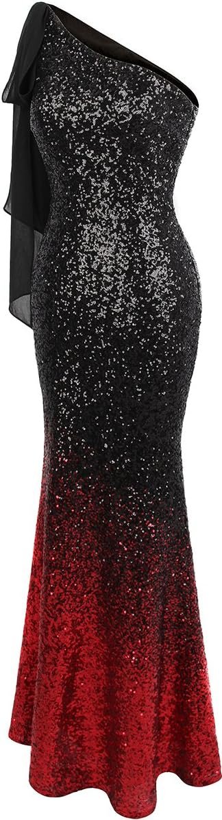Women's Asymmetric Ribbon Gradient Sequin Mermaid Long Prom Dress