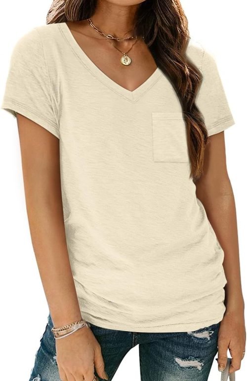 Womens T Shirts Short Sleeve V Neck Tops with Pockets Summer Fashion Trendy Soft Casual Comfy Outfits Clothes 2024