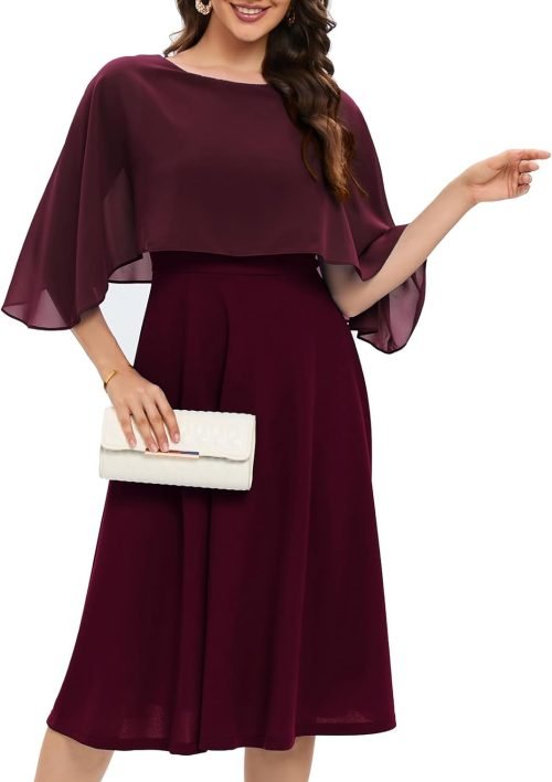 Womens Cape Dress with Chiffon Overlay Midi Party Cocktail Wedding Guest Dresses