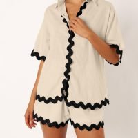 Women 2 Piece Outfits Summer Cotton Linen Button up Shirt and Shorts Set Loungewear for Beach Travel Vacation
