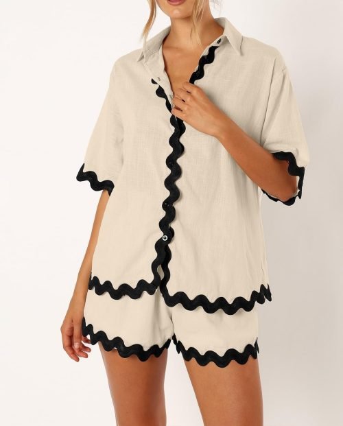 Women 2 Piece Outfits Summer Cotton Linen Button up Shirt and Shorts Set Loungewear for Beach Travel Vacation