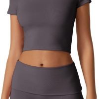 Women's 2 Piece Outfits Lounge Sets Slim Fitted Short Sleeve Crop Tops Fold Over Shorts Casual Comfy Trasuits