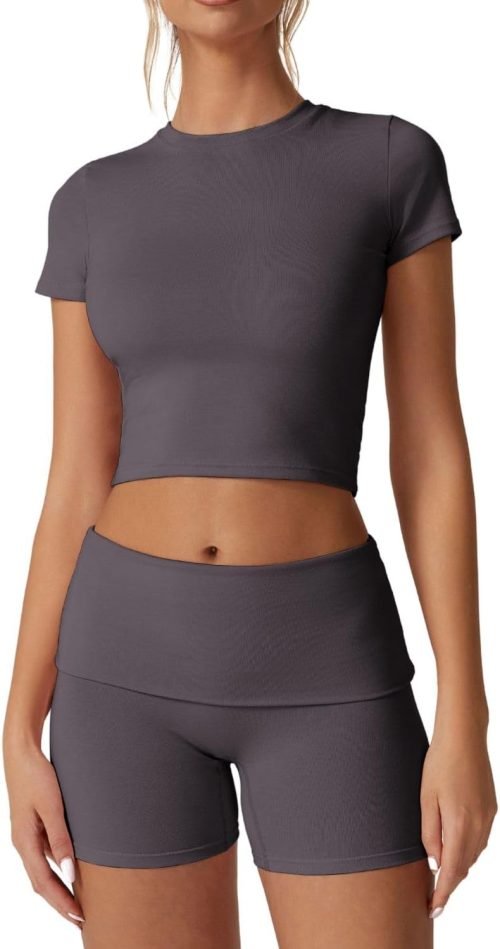 Women's 2 Piece Outfits Lounge Sets Slim Fitted Short Sleeve Crop Tops Fold Over Shorts Casual Comfy Trasuits
