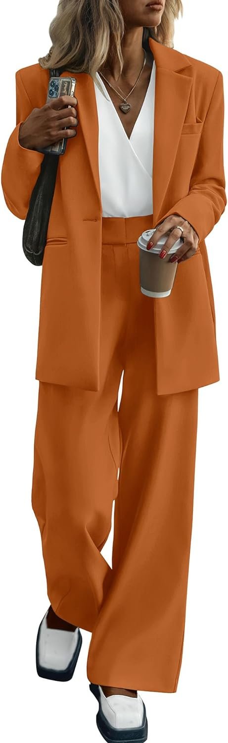 Women's 2024 Fall 2 Piece Blazer Set Casual Loose Long Blazer Jackets and Dressy Wide Leg Pant Suits with Pockets