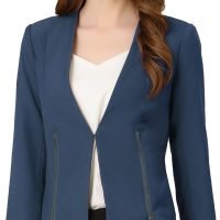 Women's Crop Collarless Blazers Suit Zip Decor Work Office Jackets Blazer