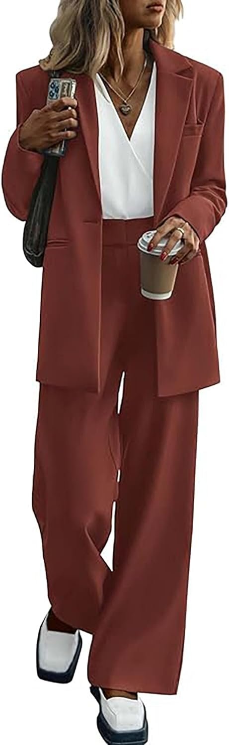 Women's 2024 Fall 2 Piece Blazer Set Casual Loose Long Blazer Jackets and Dressy Wide Leg Pant Suits with Pockets