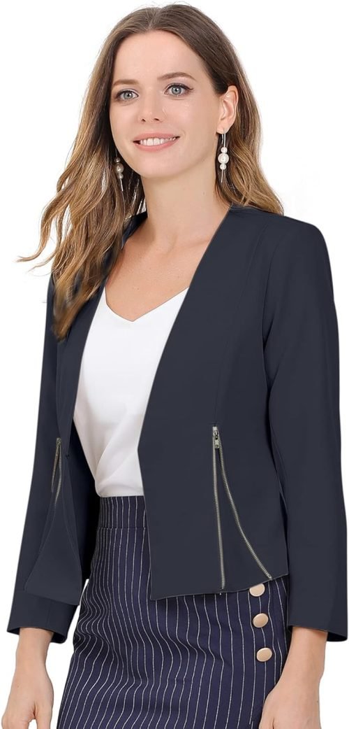 Women's Crop Collarless Blazers Suit Zip Decor Work Office Jackets Blazer