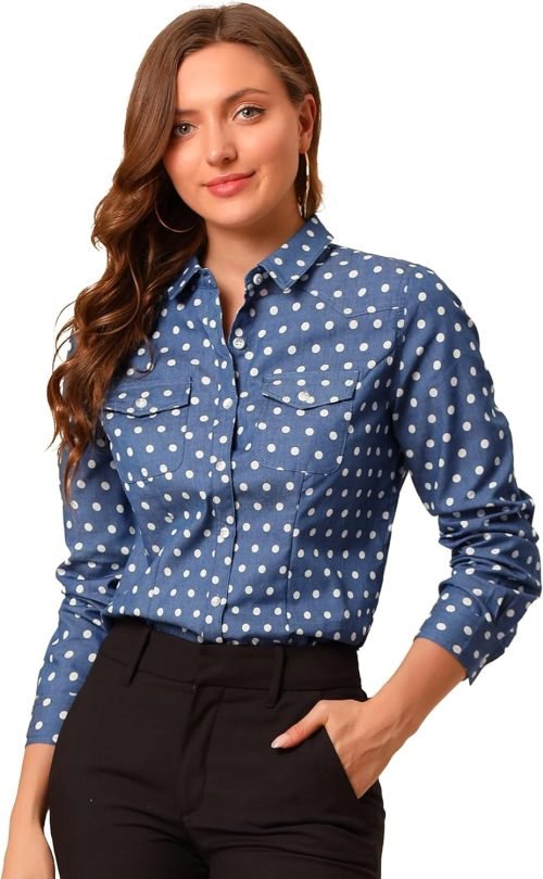 Women's Button Down Long Sleeve Point Collar Chambray Poplin Shirt