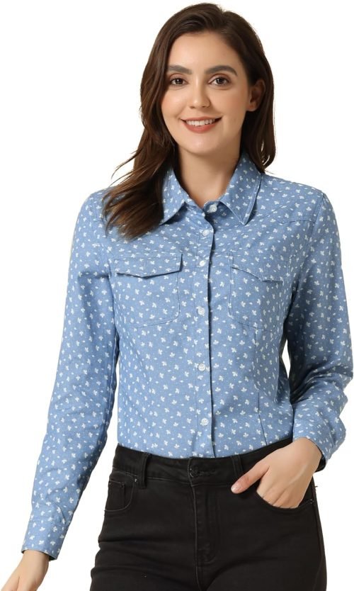 Women's Button Down Long Sleeve Point Collar Chambray Poplin Shirt