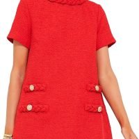 Women's Tweed Dress Short Sleeve Crew Neck A-line Party Vintage Mini Skirt Causal Dresses