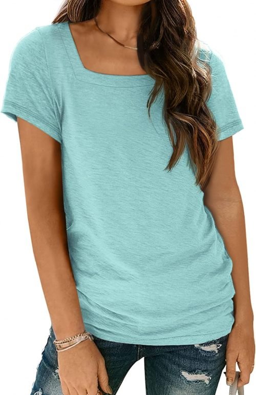 Womens Tops Casual Spring Summer Tshirts 2024 Short Sleeve Square Neck Basic Tee Outfits