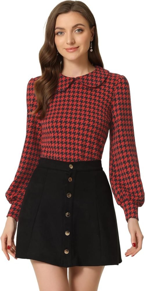 Women's Peter Pan Collar Shirt Fashion Puff Long Sleeve Houndstooth Plaid Blouse