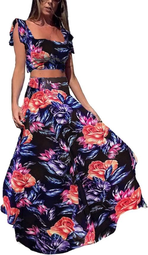Womens Summer Sexy 2 Pieces Outfits Ruffle Floral Tank Top Wrap Boho Tropical Long Skirt Set Clubwear Dresses