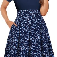 Womens Elegant Print Notched Neck Slant Pocket Pleated Hem Casual A-Line Dress