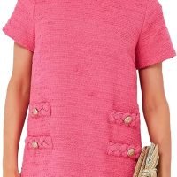 Women's Tweed Dress Short Sleeve Crew Neck A-line Party Vintage Mini Skirt Causal Dresses