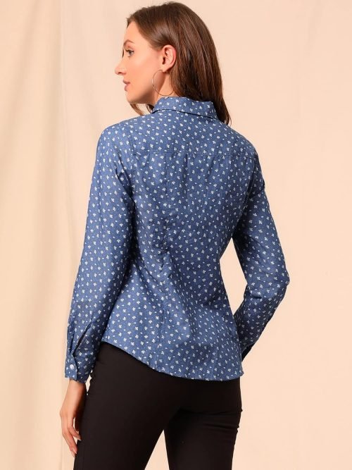 Women's Button Down Long Sleeve Point Collar Chambray Poplin Shirt