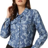 Women's Button Down Long Sleeve Point Collar Chambray Poplin Shirt