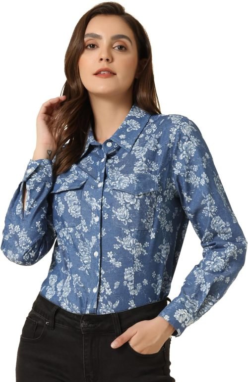 Women's Button Down Long Sleeve Point Collar Chambray Poplin Shirt
