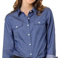 Women's Button Down Long Sleeve Point Collar Chambray Poplin Shirt
