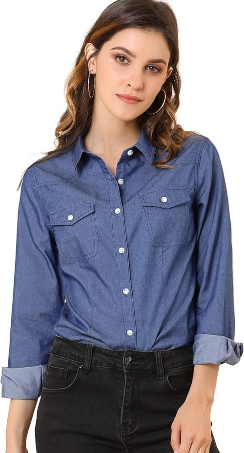 Women's Button Down Long Sleeve Point Collar Chambray Poplin Shirt