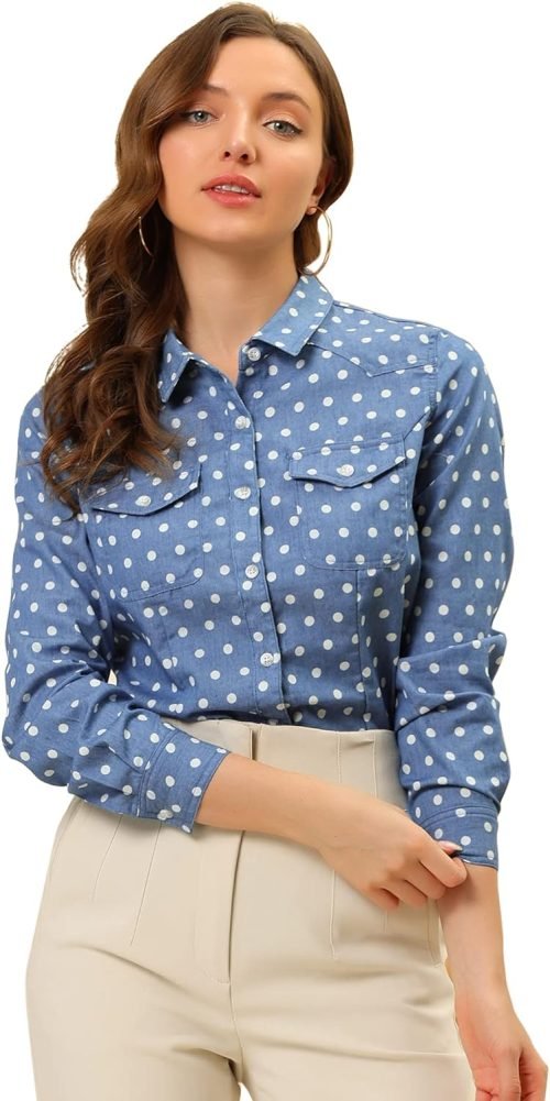 Women's Button Down Long Sleeve Point Collar Chambray Poplin Shirt