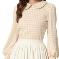 Women's Peter Pan Collar Shirt Fashion Puff Long Sleeve Houndstooth Plaid Blouse