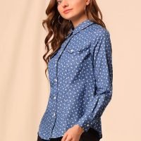 Women's Button Down Long Sleeve Point Collar Chambray Poplin Shirt
