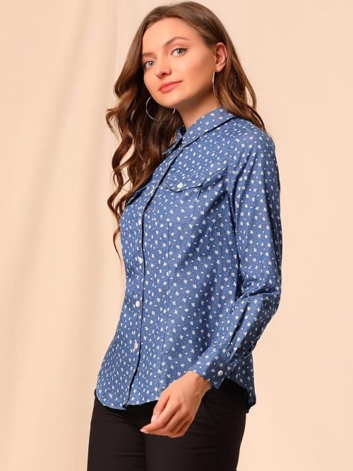 Women's Button Down Long Sleeve Point Collar Chambray Poplin Shirt