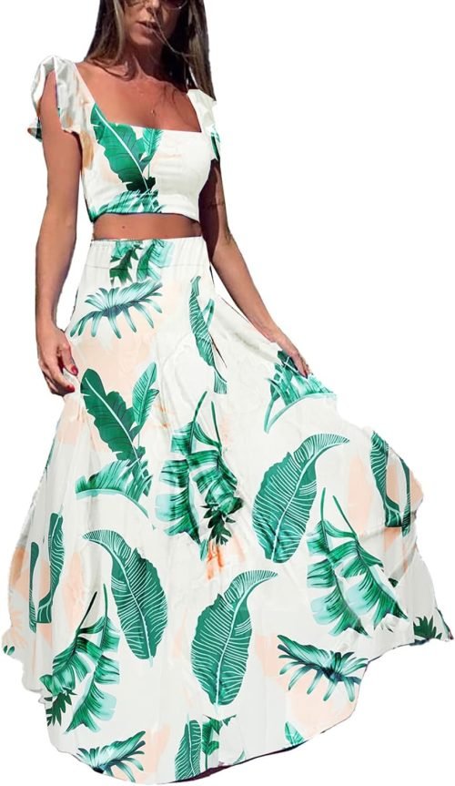 Womens Summer Sexy 2 Pieces Outfits Ruffle Floral Tank Top Wrap Boho Tropical Long Skirt Set Clubwear Dresses