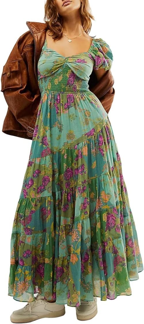 Women’s Floral Smocked Maxi Dress Boho Puff Sleeve Sweetheart A-Line Flowy Long Dresses Y2K Swing Beach Sundress