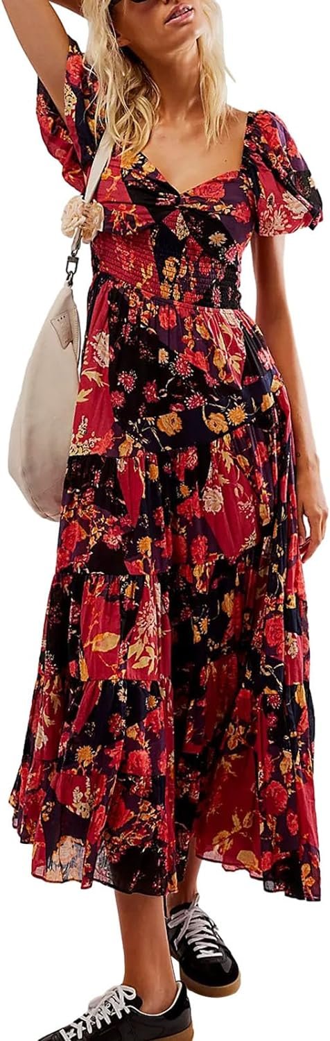 Women’s Floral Smocked Maxi Dress Boho Puff Sleeve Sweetheart A-Line Flowy Long Dresses Y2K Swing Beach Sundress