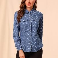 Women's Button Down Long Sleeve Point Collar Chambray Poplin Shirt