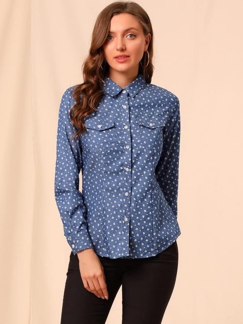 Women's Button Down Long Sleeve Point Collar Chambray Poplin Shirt