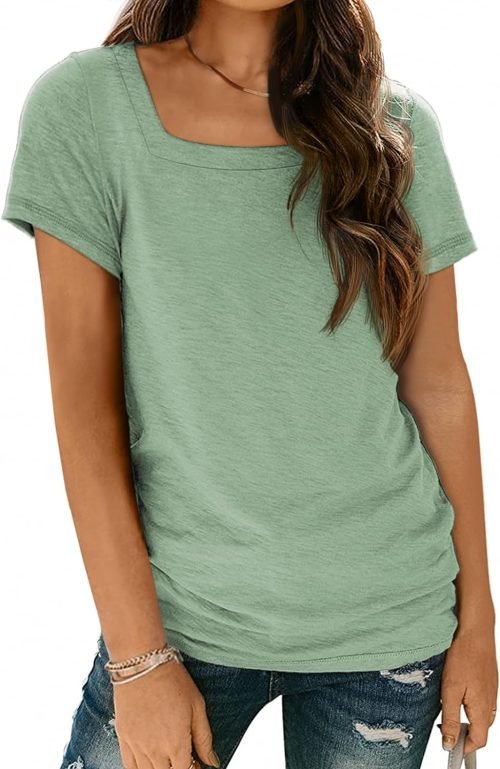 Womens Tops Casual Spring Summer Tshirts 2024 Short Sleeve Square Neck Basic Tee Outfits