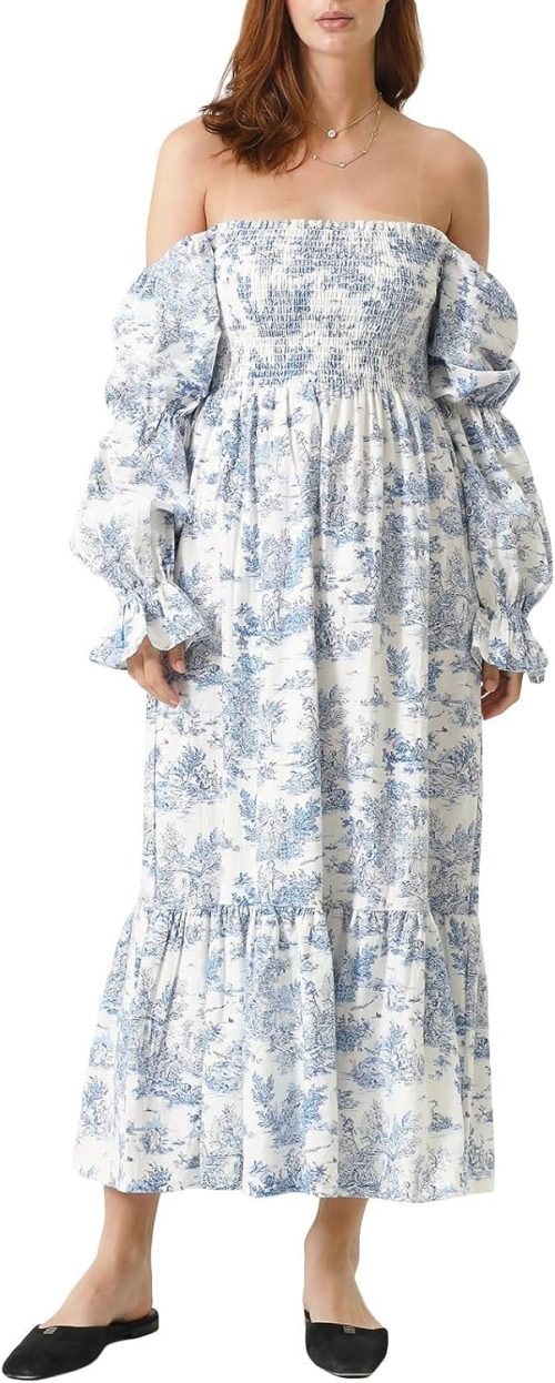 Women’s Floral Smocked Maxi Dress Boho Puff Sleeve Sweetheart A-Line Flowy Long Dresses Y2K Swing Beach Sundress