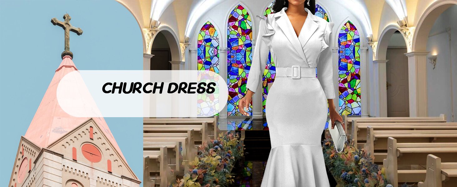  church dresses for women 2024 Midi Length Mermaid Dress Bodycon Pencil Dress long Sleeve Dress 