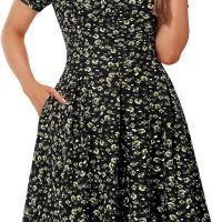 Womens Elegant Print Notched Neck Slant Pocket Pleated Hem Casual A-Line Dress