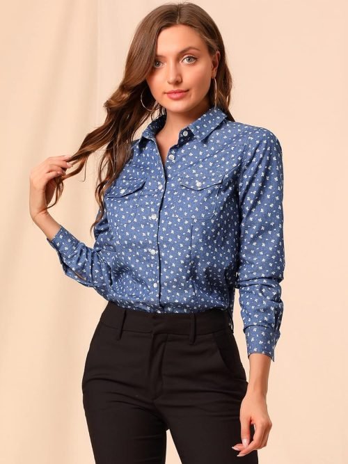 Women's Button Down Long Sleeve Point Collar Chambray Poplin Shirt