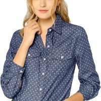 Women's Button Down Long Sleeve Point Collar Chambray Poplin Shirt