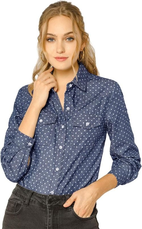 Women's Button Down Long Sleeve Point Collar Chambray Poplin Shirt