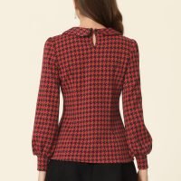 Women's Peter Pan Collar Shirt Fashion Puff Long Sleeve Houndstooth Plaid Blouse