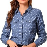 Women's Button Down Long Sleeve Point Collar Chambray Poplin Shirt