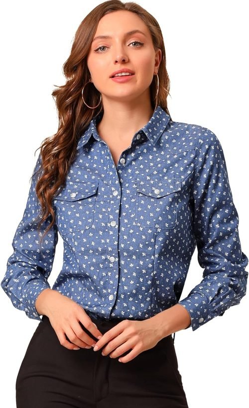Women's Button Down Long Sleeve Point Collar Chambray Poplin Shirt