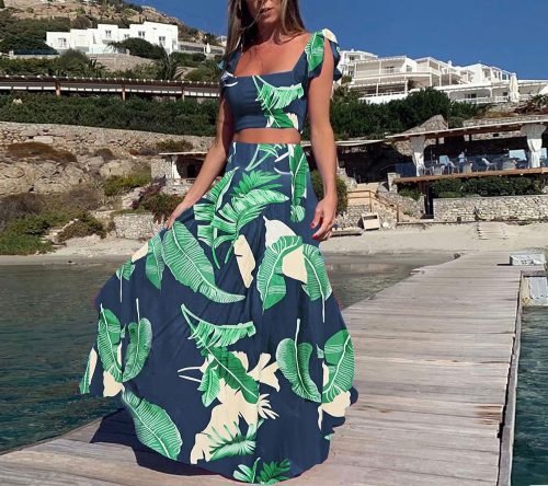 Womens Summer Sexy 2 Pieces Outfits Ruffle Floral Tank Top Wrap Boho Tropical Long Skirt Set Clubwear Dresses