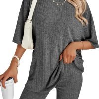 Women's Summer 2 Piece Outfits Lounge Sets Ribbed Knit Short Sleeve Loose Top and Bodycon Shorts Pajamas Set 2024