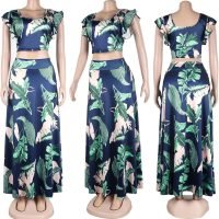 Womens Summer Sexy 2 Pieces Outfits Ruffle Floral Tank Top Wrap Boho Tropical Long Skirt Set Clubwear Dresses