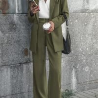 Women's 2024 Fall 2 Piece Blazer Set Casual Loose Long Blazer Jackets and Dressy Wide Leg Pant Suits with Pockets